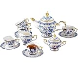 ACMLIFE Tea Set for Adults, Vintage Tea Sets, Bone China Tea Set, Tea Cup Set Porcelain Tea Set for 6, Floral Tea Cup Set With Teapot, 21 Pieces Tea Party Sets for Women Gift，Mother's Day (Blue)