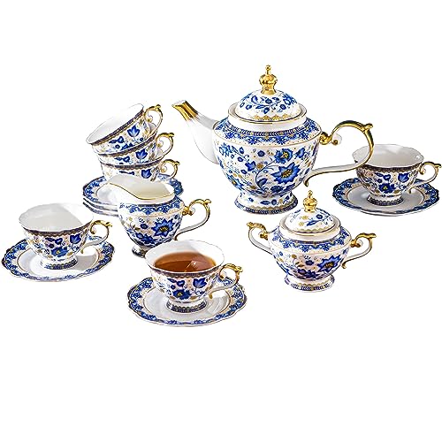 ACMLIFE Bone China Tea Set for 6, Blue and White Porcelain Tea Set for Adults, Vintage Tea Sets for Women Tea Party or Gift Giving