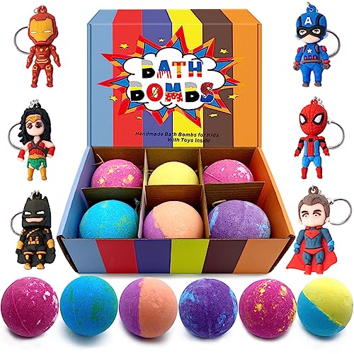 Bath Bombs for Kids with Toys Inside, Superhero Toys Inside 6 Pcs Large Bath Bombs with Surprise Keychain Toys Handmade Fizzy Bubble Bath Bombs for Kid, Birthday Christmas Gifts for Boys Girls