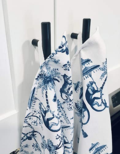 All Day Soirée Chinoiserie Designer Kitchen Tea Towels 3 Pack 100% Absorbent Cotton Tiger Monkey Floral Hand Towel Large Dish Cloth Set Blue White #TOP7