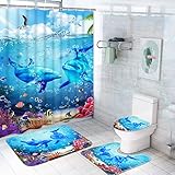Ikfashoni 4Pcs Kids Dolphin Shower Curtain Set with Non-Slip Rugs, Toilet Lid Cover and Bath Mat,...