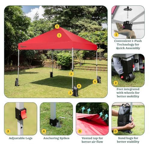 Image of Ugaoo 10x10 Pop-Up Gazebo /Canopy- Tent with One Push Setup | Easy Outdoor Sun Shade for Events, Parties, Camping | Gazebo with STO-N-Go Cover Bag | Silver Coated Top (Red)