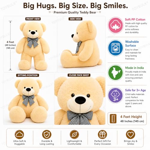 Image of 4 Feet Cream Giant Teddy Bear 48 inch Soft Toy, Plush, and Cuddly Stuffed Animal for Kids, Birthdays, Anniversaries, Valentine's Day, and Special Occasions Large Huggable (4 Feet, Beige)