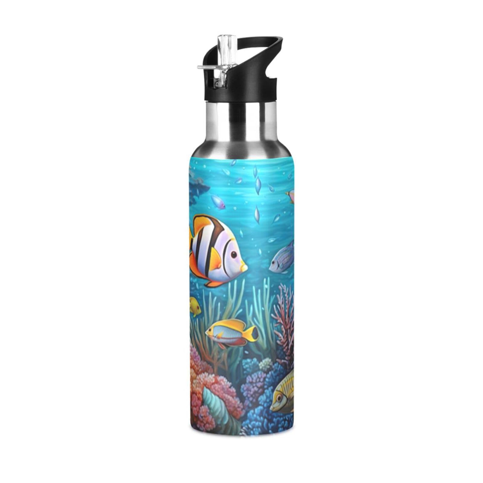 FUGIDOG Ocean Fish Insulated Water Bottles with Straw Lid, BPA Free, 22 oz Leak Proof Stainless Steel Sports Water Bottle Vacuum Double Wall Bottles