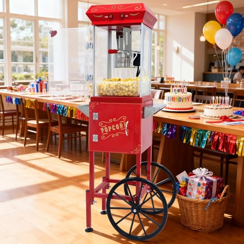Image of Vintage Style Popcorn Machine 8oz - Snack Popper Maker with Stainless Steel Kettle, Retro Vintage Cart & Wagon Wheels, pop corn machine for Home, Parties, Movie theater, Christmas,Thanksgiving