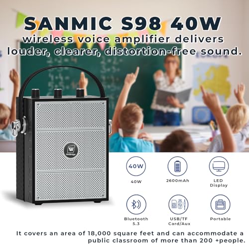 SANMIC Bluetooth 5.3 Voice Amplifier with Wireless Microphone Headset,Personal Wireless Amplifier Mic for Teachers,40W Loudly Portable Megaphone Pa System for Classrooms,Speeches,Outdoors Indoors-S98 - Image 3