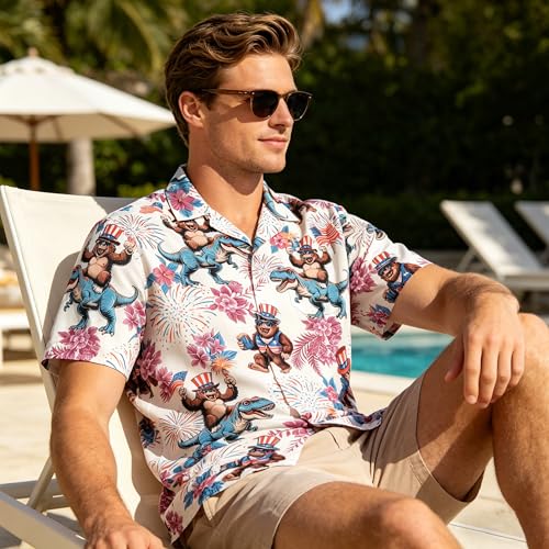 Kosgraiy Patriotic 4th of July Shirts,Funny Bigfoot Hawaiian Shirt for Men,Sasquatch 4th of July Shirt,Independence Day American Hawaiian Button Up Shirts,Sasquatch White,2XL