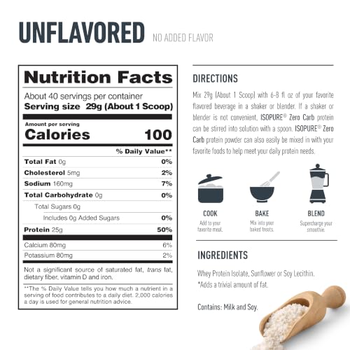 Isopure Zero Carb 100% Pure Whey Isolate Protein Powder, Lactose Free, Gluten Free, With Vitamins, Unflavored, 25g Protein Per Serving, 3 Lbs, 47 Servings - image 8