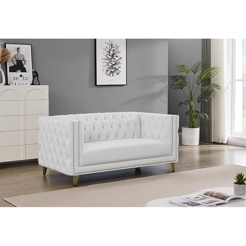 Meridian Furniture 651White-L Michelle Collection Modern | Contemporary Loveseat With Deep Button Tufting, Nailhead Trim And Sturdy Gold Iron Legs, 66" W X 34" D X 30" H, White #TOP1