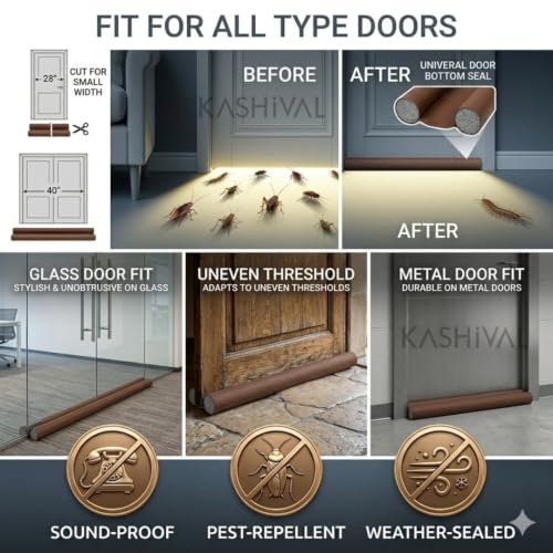 Image of KASHIVAL Under Door Draft Stopper | Door Gap Filler & Weather Stripping Bottom Seal | Soundproof Noise Blocker, Insect Guard & AC Energy Saver (5, Brown, 39 inch)