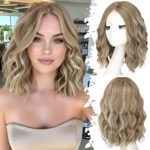 Eawwii Ash Blonde Mix Platinum Short Wavy Wig for Women