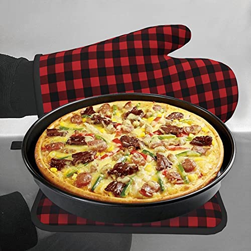 Red Black Buffalo Check Plaid Pattern Print Oven Mitts Pot Holders Sets Heat Resistant Non Slip Kitchen Gloves Hot Pads For Cooking Bbq Baking Grilling #TOP6