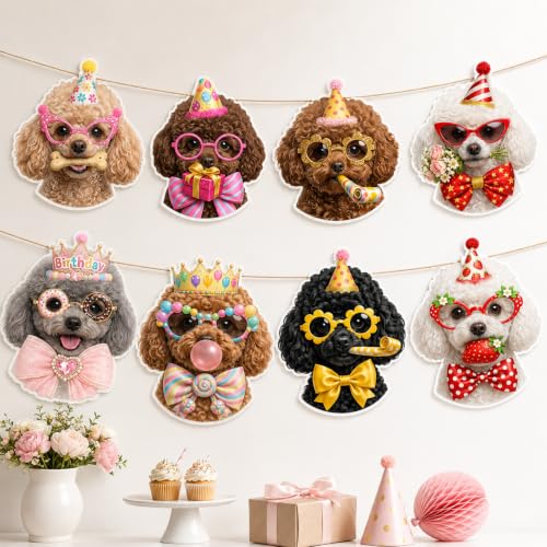 Image of Poodle Birthday Banner, Dog Party Decorations Garland Poodle Gifts | 8 Unique Poodle Faces, Pre-Strung , Ready to Hang