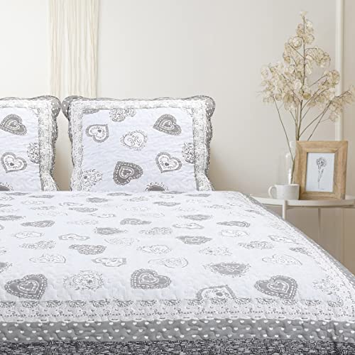 Autrefois Frenchy Gris 230x250 cm avec 2 Taies d'oreiller 65x65 cm, Couvre-lit Matelassé 2 Personnes, Dessus de lit Coeur
