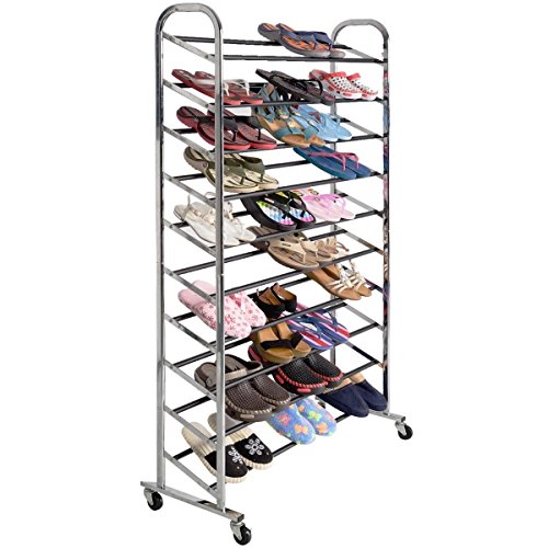 50 Pair Free Standing 10 Tier Shoe Tower Rack Chrome Metal Shoe Rack New #TOP2