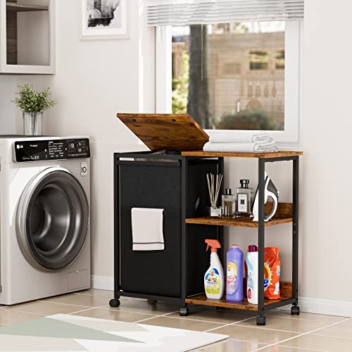 Furnulem Laundry Cart With Wooden Side Shelf And Laundry Bag, Laundry Hamper With Lid & Wheels, Rolling Laundry Basket With Side Pockets, Clothes Hamper Organizer For Bathroom, Bedroom, Laundry Room #TOP2
