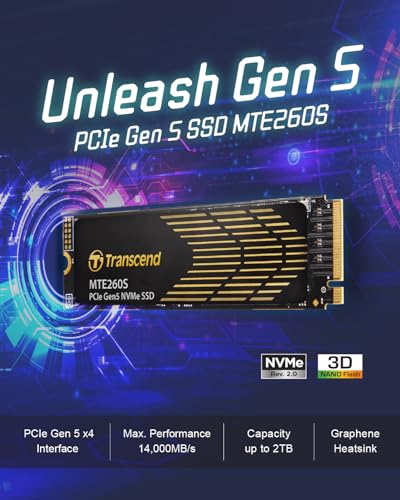 Image of Transcend M.2 2280 1TB Gen5x4 Internal SSD with Heatsink, Up to 14,000MB /s | Storage Expansion for PS5 /PC /Laptop, Tailored for Gamer /Video Editor /High-End Creator /AI Developer, PCIe 5 NVMe, 3D TLC NAND