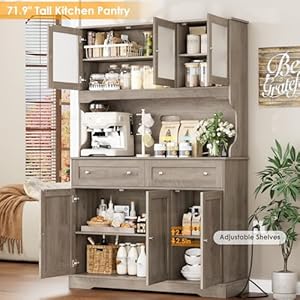 719 Kitchen Pantry Cabinet Tall Storage Cabinet Kitchen Cabinets with Countertop and Outlets Farmhouse Kitchen Pantry Storage Cabinet with Doors and Shelves for Kitchen Wash Gray