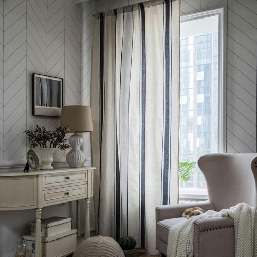Cortinas de rayas de lino y algodón perforadas azul profundo 2