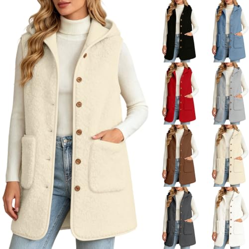 Generisch Teddy Weste Damen Große Größen, Teddy Weste Damen: Teddyfleece Jacke Mit Kapuze Fleecejacke Winter Plüschweste Ärmellose Lang Fleeceweste Mit Knöpfen Warm Outdoor Winterjacke WH2