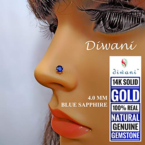 Diwani 14K Gold 4.0Mm Natural Blue Sapphire Gemstone Engagement Wedding Nose Lip Labret Monroe Body Piercing Ring Stud Pin Screw (0.230 Cents, Color- Blue) 18 Gauge Thick 8.0Mm Length Screw Back Post #TOP3