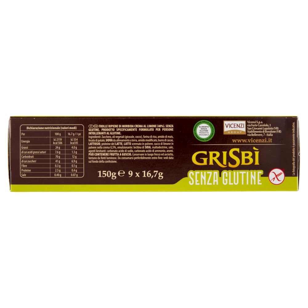 Grisbì Senza Glutine Limone - Biscotti Gluten Free di Pasta Frolla, Ripieni di Crema al Limone, Ideali per Colazione, Snack o Merenda, Formato Scorta, 12 Confezioni da 9 Biscotti, 1.800 gr