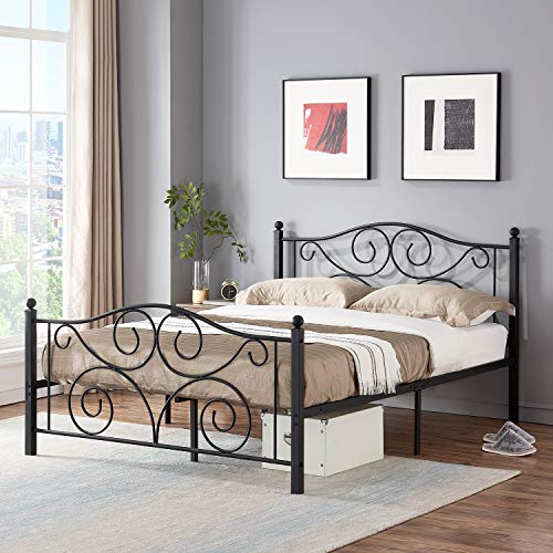 Vecelo Metal Bed Frame With Headboard And Footboard, Iron Mattress Foundation No Box Spring Needed, Heavy Duty/Easy Set Up, Queen, Black #TOP1