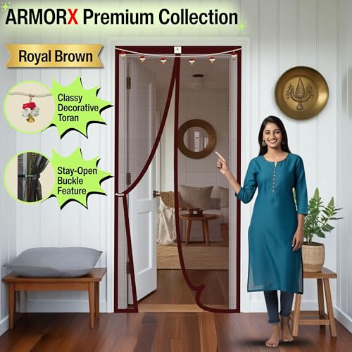 Image of ARMORX Premium Collection Magnetic Mosquito Net for Doors | Self Closing Magnets & Stay-Open Buckle Feature | Incl. Toran for Classy Look & Decor | Royal Brown -185cm x 120cm