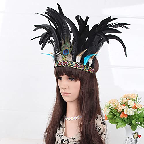 ESH7 Peacock Feathers Headband Burlesque Fascinator Headpiece Mardi Gras Crown Voodoo Headdress Carnival Costumes Outfit for Women Caribbean Fancy Party