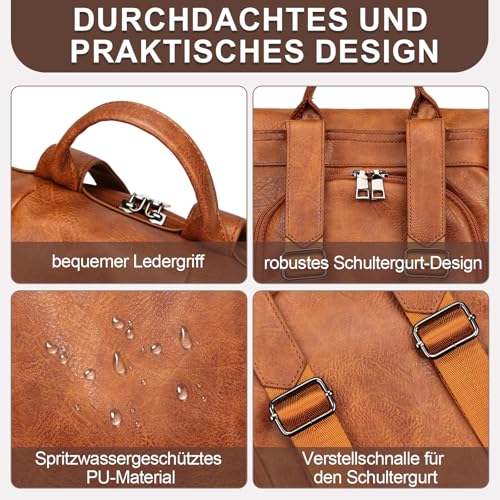 Eshow Rucksack Damen Klein, Anti-Diebstahl Elegant Cityrucksack, Wasserdichter Tagesrucksack Veganes Leder, Rucksacktasche mit Clutchbag RFID Blocker Modern für Pendeln Schule Arbeit Reise Braun