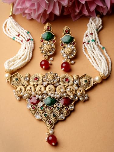 Image of Adiva Stylish Traditional Gold-Plated Kundan Stone Pearls & Beads Meenakari Handcrafted Necklace with Earrings Jewellery Set for Women & Girls