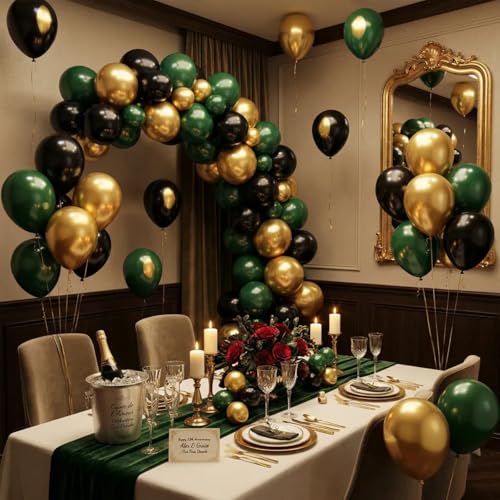Image of Hiquaty Green and Gold Balloons,60pcs Dark Green Balloons,12 inch Gold Balloons and Black Balloons with Gold Ribbon for St. Patrick's Day Party Wedding Bridal Shower Decorations
