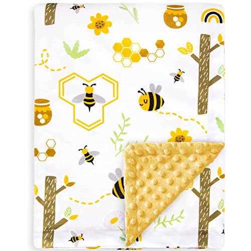 Image of HOMRITAR Baby Blanket for Girls Soft Plush Minky Blanket with Double Layer Dotted Backing for Infant Picnic Traveling with Cute Animals Multicolor Printed 30 x 40 Inch (Yellow Bees)
