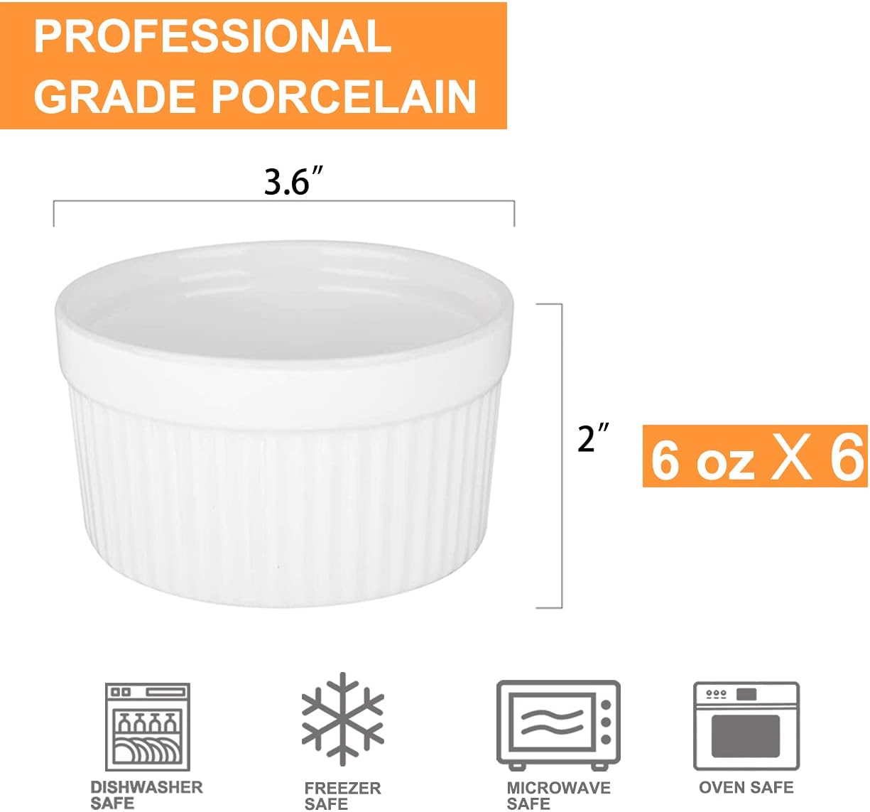 6 Pack Porcelain Souffle Dish Ramekins for Baking, 6 Ounce White Ramekins Bakeware Set Baking Cups for Creme Brulee Desserts Puddings Custard Ice Cream Lava Cake Snacks