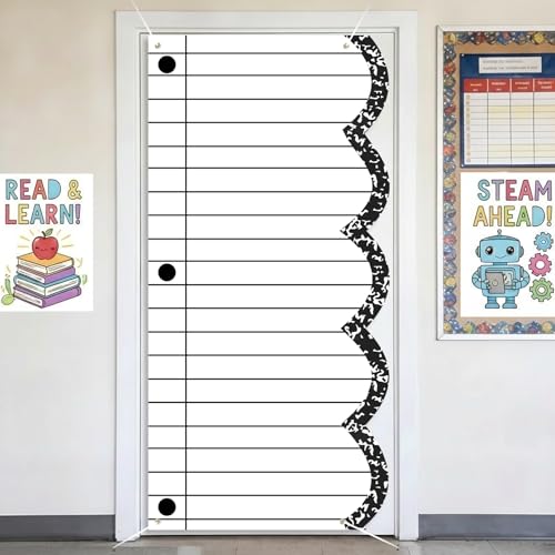 Hahafelt Classroom Door Cover 71 x 35 Inch Composition Notebook Classroom Decor Back to School Door Decoration First Day of School Backdrop for Wall Porch Sign Decor(Black and White)