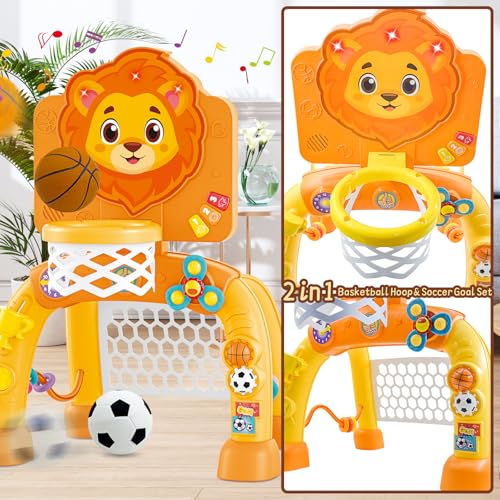 2 in 1 Basketball Hoop and Soccer Goal Set, Toddler Sports Toy for Indoor Outdoor Play, Perfect Christmas Birthday Gift for Baby Boys and Girls 1 2 3 Year Old,Lion Theme - Image 3