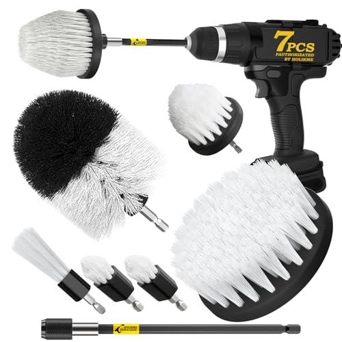 Holikme 7Pack Drill Brush Attachment Set-Car Interior Detailing Kit，Power Scrubber Brush Extended Long Attachment for Bathroom, Car，Shower，Carpet,Boat,Kitchen，Floor and Tile，White