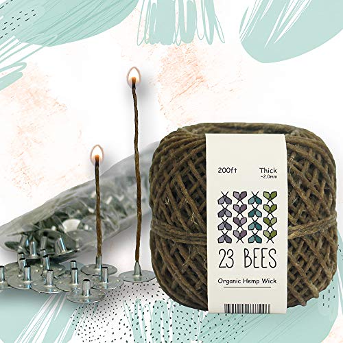 100% Organic Hemp Candle Wick 2.0Mm Thick + Wick Sustainer Tabs 200Pcs For Candle Making, 23 Bees, European Imported Hemp Spool 200Ft With Natural Beeswax Coating #TOP1