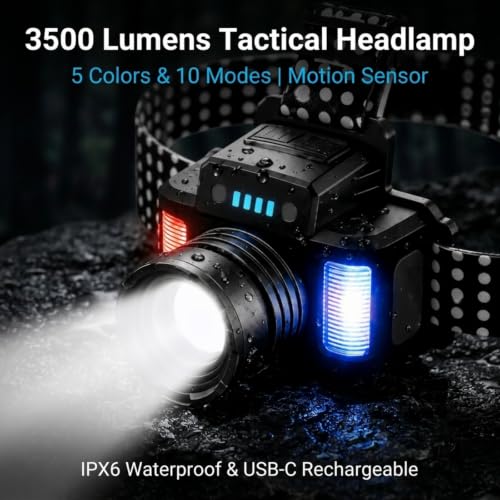 SKYFIRE Rechargeable Tactical Headlamp 3500 Lumens, LED Headlamp with 5 Color Lights, Zoomable Beam, 10 Modes, 90° Adjustable, Waterproof Head Flashlight for Camping, Fishing, Hiking, Emergency - Image 2