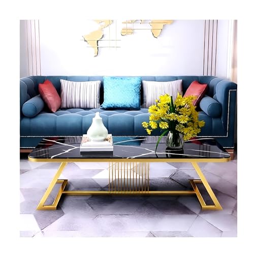 Image of Modern Rectangular Marble-Like Top Coffee Table with Metal Base for Living Room Sofa Center Tea Table for Home & Office Easy DIY Assembly (90 x 48 x 48 cm)(Golden Black)