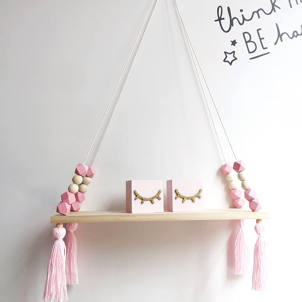 Cenpek Pink Nordic Display Wall Hanging Shelf Swing Rope Floating Shelves With Rope String Home Decorative (Pink)