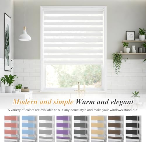 No Tools No Drill Zebra Blinds for Windows Cordless,Customizable Zebra Roller Shades, Dual Layer Blackout-Filtered Privacy Light Control Window Blinds Home Office, Easy to Install