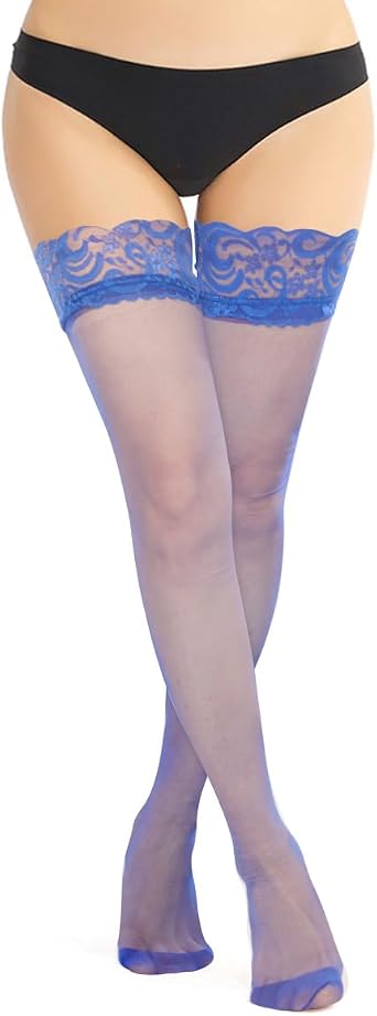 Womens Thigh High Stockings Lace Top Sexy Sheer Stockings with Silicone Non-slip Silk 20D Stay Up Hosiery