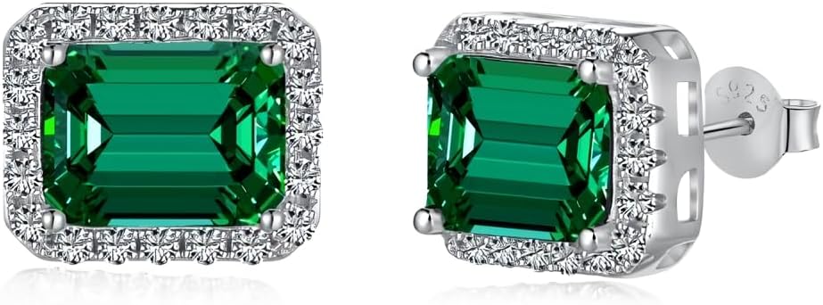 Emerald Earrings for Women Halo Created Emerald Green Stud earrings 18K White Gold Plated Silver