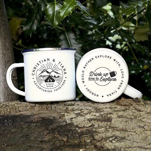 eBuyGB Personalised Adventuring Together Enamel Coffee Mug - 13oz Travel Camping Metal Tea Cup, Couples Gifts, 10th Anniversary Tin Gift (380 ml, 1 Mug) - Image 5