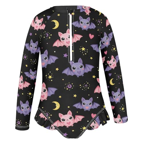 Cute Bats on Black Background Girls Rash Guard Swimsuits Long Sleeve One Pieces Bathing Suit UPF 50+ Zipper Swimwear2