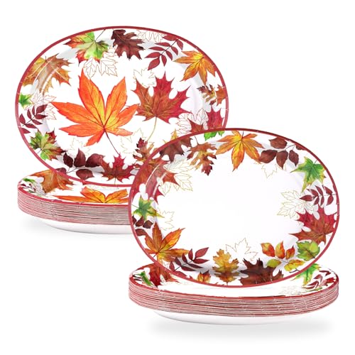 Greencian 50Pcs Fall Thanksgiving Leaves Large Oval Paper Plates 12x10 Inch
