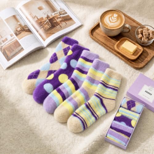 Image of SISOSOCK 5 Pairs Fuzzy Soft Cozy Comfy Socks Warm Birthday Gifts for Women | Comfortable Casual Sleep Home Bed Cloud Booties Socks, Perfect Warm Winter Gifts for Wife Girlfriend or Mom Gradma