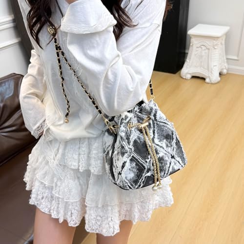 Image of Denim Bucket Bag Quilted Drawstring Jean Purses for Women Denim Clutch Hobo Bags Crossbody Handbag