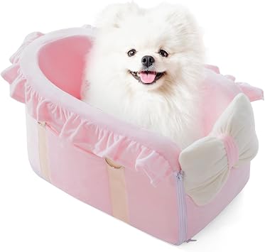 Jaoul Dog Car Seat for Small Dogs - Fully Detachable with Adjustable Straps Center Console Dog Booster Seat - Comfortable Bow Design Pet Car Seats - Portable Pet Booster Seat for Puppy, Cat Pink